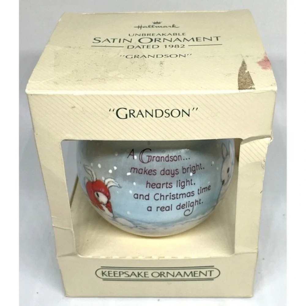 1982 Hallmark‎ GRANDSON Satin Christmas Ornament in Box Unbreakable